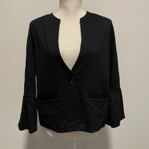 VERONICA M Black Blazer Size Medium Ruffle Bell Sleeve Tailored Work Offic - Picture 2 of 6